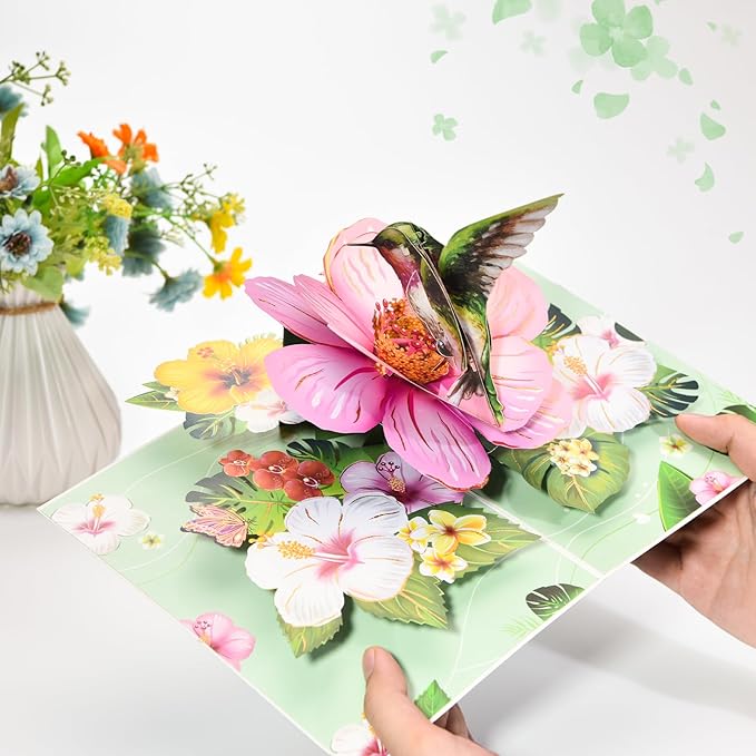 Joyvine 3D pop-up butterfly greeting cards, celebration cards, gratitude cards, rehabilitation greeting cards, suitable for Mother's Day, Father's Day, Thanksgiving, birthdays, anniversaries, with notes and envelopes (Pink Flowers - Hummingbird)