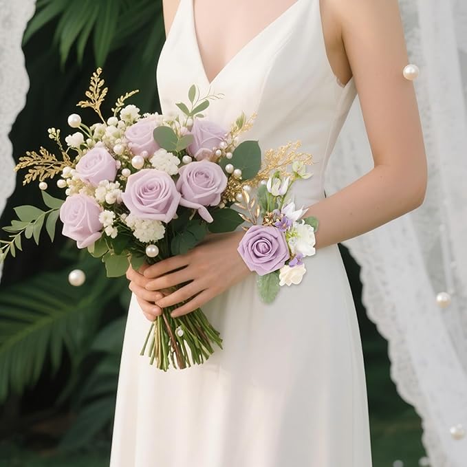 2Pcs Wedding Corsage and Boutonniere Set Purple Rose Corsage Wristlet and Boutonniere for Men Women Groom Bride Bridesmaid Groomsmen Wedding Party Accessory Prom Decoration (Purple)