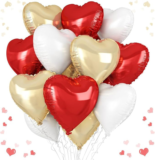 Red Gold Heart Balloons, 18 Inch Red White Champagne Gold Heart Shape Balloon, 12PCS White Helium Foil Love Balloon for Birthday Baby Shower Engagement Wedding Party Decoration