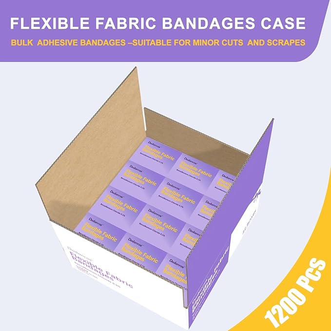 Bulk Case of 1200 PCS Flexible Fabric Bandages, 3/4" x 3",Individual 12 Box Packaging,Include 0.1%Benzalkonium,Sterile, Breathable | Use for School, Hospital, Businesses, and First Aid Kits.