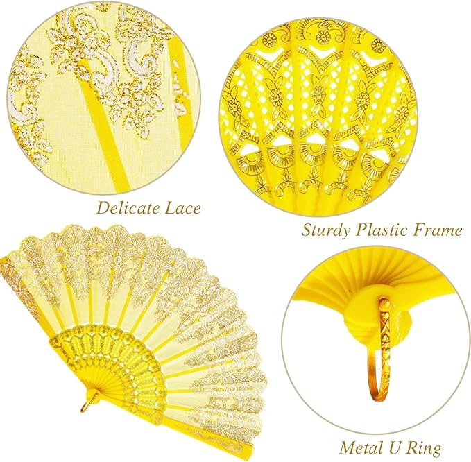 QIRMIZI 30 Pack Folding Handheld Fans, Silk Spanish Fan, Perfect for Weddings, Parties, and Dancing,Yellow