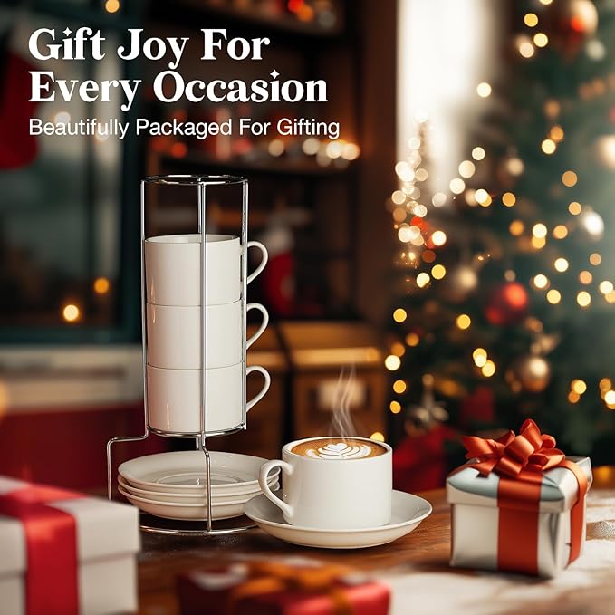 8 Ounce Porcelain Cappuccino Cups with Saucers and Stainless Steel Stand, Stackable Espresso Cups Set of 4, White Ceramic Coffee Mugs for Home, Office, Cafe or Gift