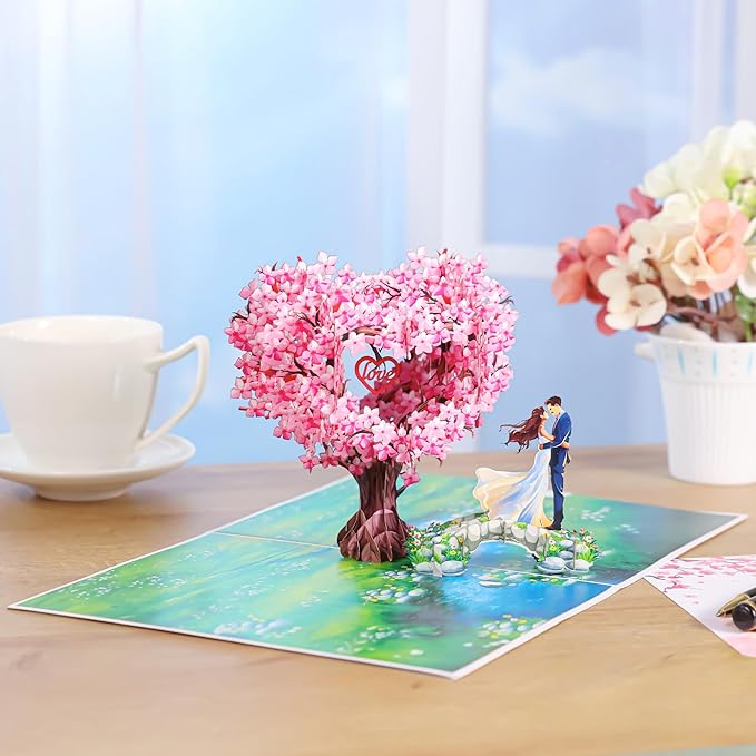 Pop Up Anniversary Cards, 3D Heart Cherry Blossom, Bridge with Couple Wedding Cards for Wife, Husband, Her, Him, Girlfriend, Ideal Gift for Birthday, Wedding, Valentines, Mothers Day, 6x8 inch