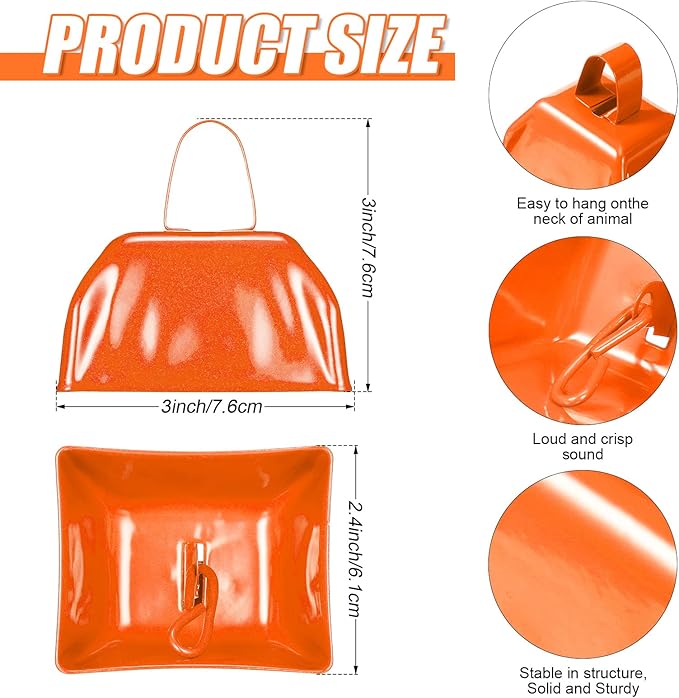 Yeshone 24 Pcs Metal Cowbell with Handle Cow Bells Noise Makers for Sporting Events Small Loud Noisemaker Cow Bell for Wedding Cheering Football Games, 3 x 2.8 x 2.5 Inch(Orange)