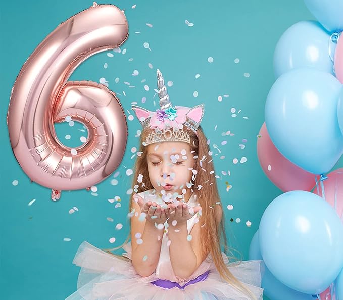 6th Birthday Decorations for Girls, Including 6 year old Birthday Cake Topper, Queen Sash with Pearl Pin, Sweet Rhinestone Tiara Crown, Number Candles and Balloons Set, Rose Gold