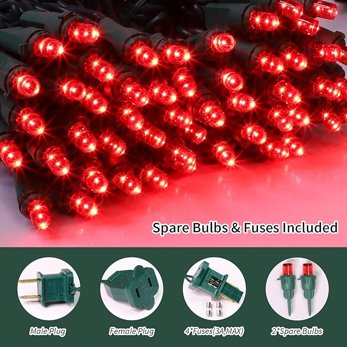LAMPHOME Red Wide Angle LED Christmas Lights, 64.8 Ft 300 Count, Pack of 3 Strands 21.9 Ft 100 Lights UL Certified Commercial Grade Green Wire 5mm Holiday String Light