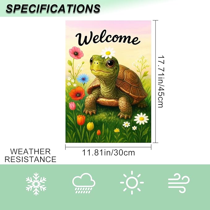 IVN Spring Garden Turtle Flag 12x18 Inch Double Sided Turtle and Wildflowers Summer Outdoor Yard Flag for Outside Front Door Lawn Porch Patio Welcome Decor