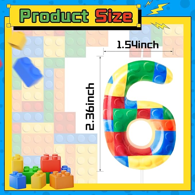 Building Block Themed Birthday Candle Number 6 Candle Birthday Party Decoration Cake Topper for Building Block Party Decoration Theme Parties Supplies (Number 6)