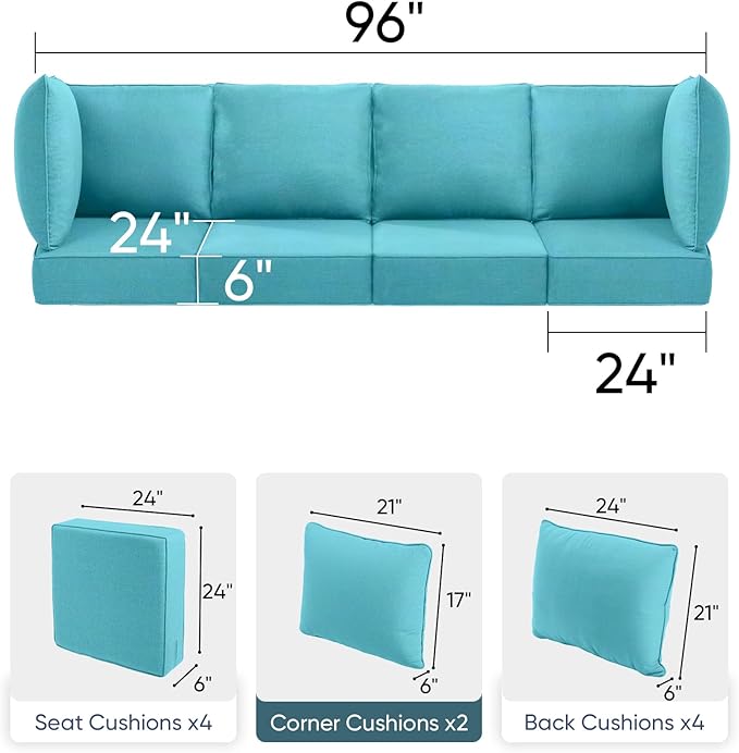 Luxury 24x24x6 Outdoor Chair Cushions Set of 4 - Water-Repellent 10-Piece Cushion Set for Outside Rattan Loveseat Chair Sectional L-Shape Sofa Patio Conversation Sets - Turquoise/Classic