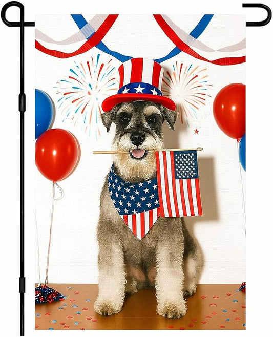 IVN 4th of July Garden Flag 12x18 Inch Double Sided Dog Patriotic Schnauzer Outdoor Memorial Day Yard Flag for Outside Home Front Door Lawn Porch Patio Welcome Decor