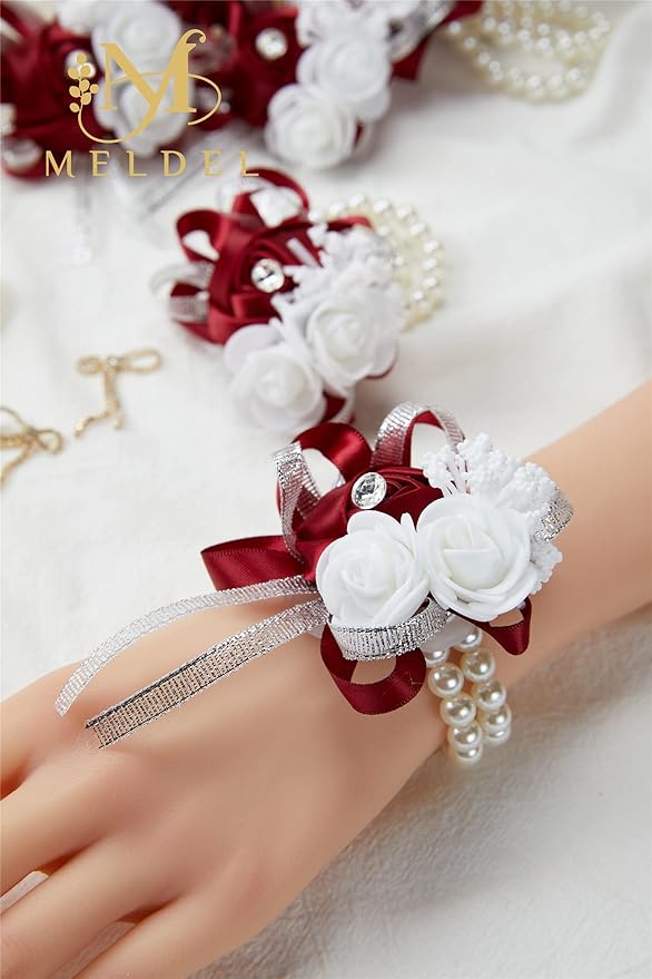 Meldel Wine Red Wrist Corsage for Prom, 6pcs Burgundy Rose Wrist Corsages for Wedding Bridal Bridesmaid Girl Women, Hand Flower for Wedding Party Homecoming Ceremony Anniversary Prom Flower Corsages