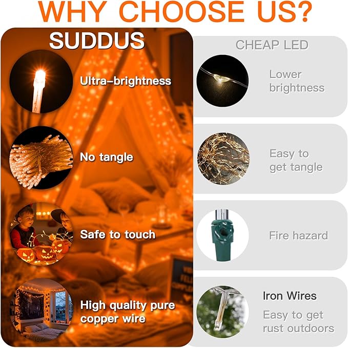 suddus Orange Halloween Lights Outdoor with Remote, 66ft 200 LED Connectable Waterproof String Lights Plug in, Dimmable Clear Wire Fairy Lights for Fall, Thanksgiving, Dorm, Party, Garden, Porch Decor