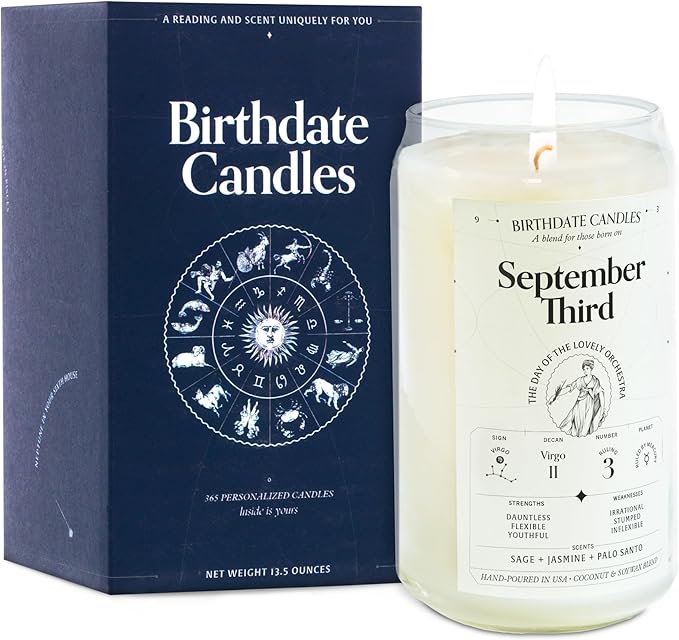 The Original Birthdate Candles, September 3 - Virgo Zodiac Scented Candles Birthday Gift - Sage, Jasmine & Palo Santo Scent - All-Natural Soy & Coconut Wax, 60-80 Hour Burn Time - Made in USA