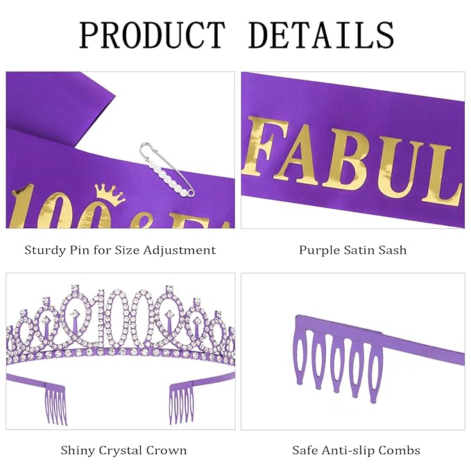 Casoty Purple 100th Birthday Sash and Tiara, Birthday Decorations for Women, Crown and Sash Set, Birthday Party Supplies for Women Gifts for Her