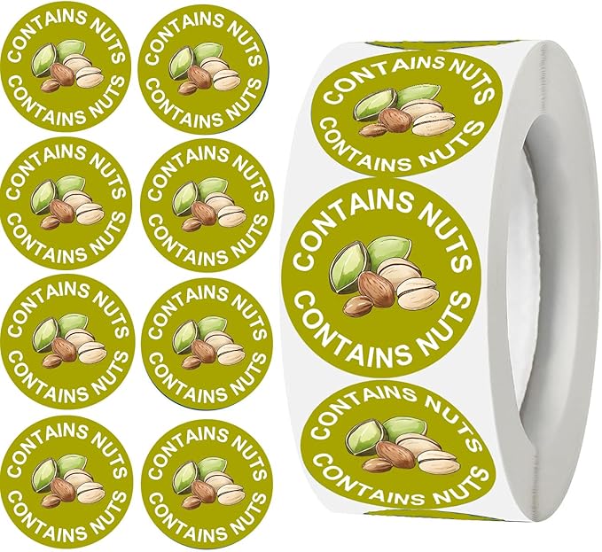 500 Pcs Contains Nuts Stickers 1 inch Nut Allergen Allergy Warning Stickers Tree Nuts Allergen Round Allergies Food Rotation Labels Allergic to Nuts for Food Packing Retail and Restaurants (Green)