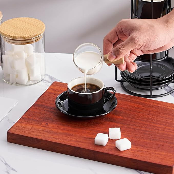 2.5oz Espresso Cups Set of 4, Porcelain Stackable Espresso Cups with Saucers and Metal Stand Set, Black Expresso Shots Cup Set for Cappuccino, Coffee Drinks, Latte, Tea