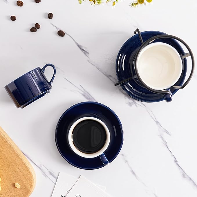 2.5oz Espresso Cups Set of 4, Porcelain Stackable Espresso Cups with Saucers and Metal Stand Set, Blue Expresso Shots Cup Set for Cappuccino, Coffee Drinks, Latte, Tea