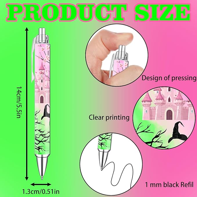 Halloween Princess and Witch Pens Set – Magical Fantasy-Themed Ballpoint Pens for Girls, Students, Stationery Lovers – Smooth Writing Pens for School, Journaling, Gifts – Pink Green Pens, 8 Pack