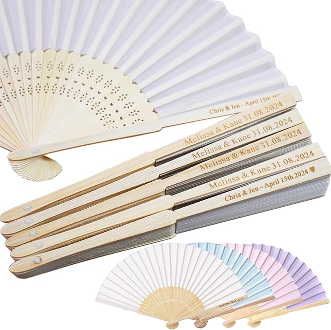 Personalized 150 Pack White Hand Fans, Custom Summer Wedding Fans for Guests, Silk Fabric Bamboo Folded Hand Fan Bridal Dancing Props Church Wedding Gift Party Baby Shower Favors