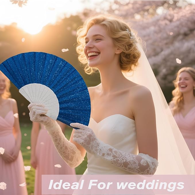 12 Pack Handheld Fan,Folding Hand Glitter fan with Shining Transparent Fan Rib – Ideal for Wedding, Church, Festival, Dance, Tea Party, Club, and EDM Accessories, Royal blue
