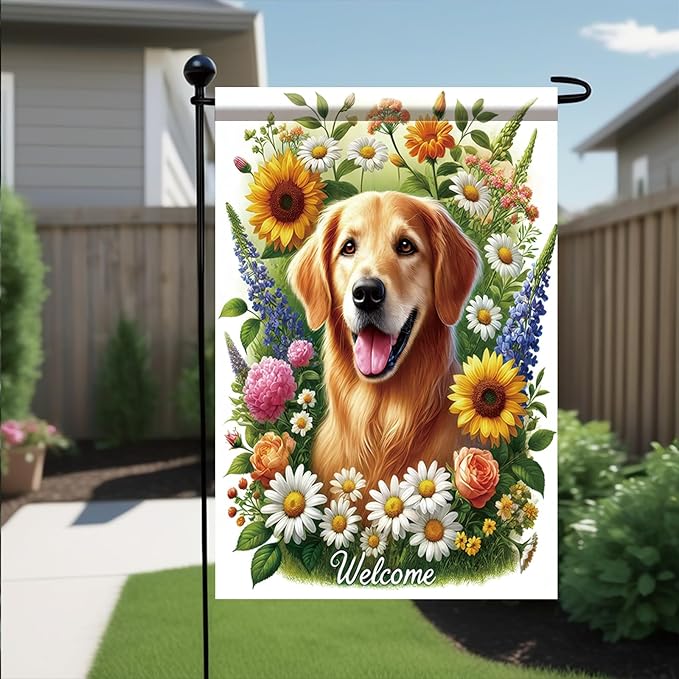Starlit Patio Welcome Summer Spring Garden Flag 12 x 18 Double Sided Golden Retriever Dog Garden Flag Cute Puppy Small Daisy Flower Yard House Flags Outside Outdoor Summer Porch Lawn Decoration