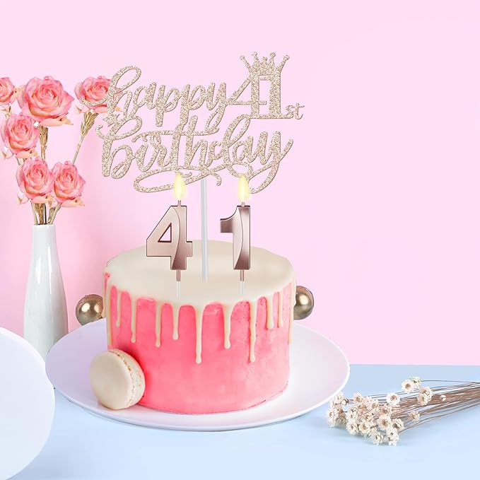 41 Birthday Decorations for Women Including Birthday Sash, Crown/Tiara, Numeral Candles and Cake Topper, 41 Year Old Gifts for Women, Rosegold Party Decor and Supplies