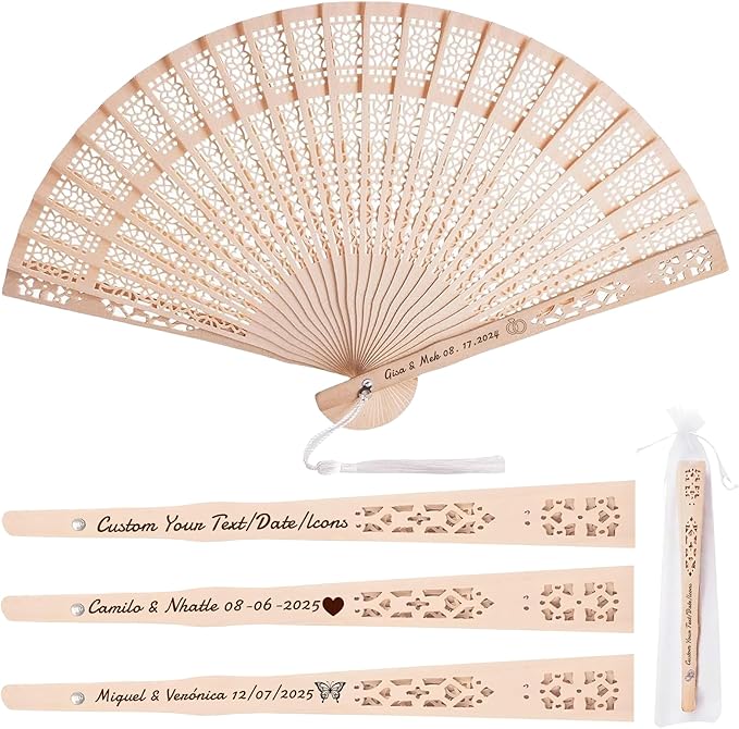 MBDFUT 10Pcs Wedding Fans Personalized Sandalwood Hand Fans with Organza Bags Hand Fans for Women Foldable Custom Wooden Fans Handheld with Text/Date Wedding Party Favors for Guests (10)