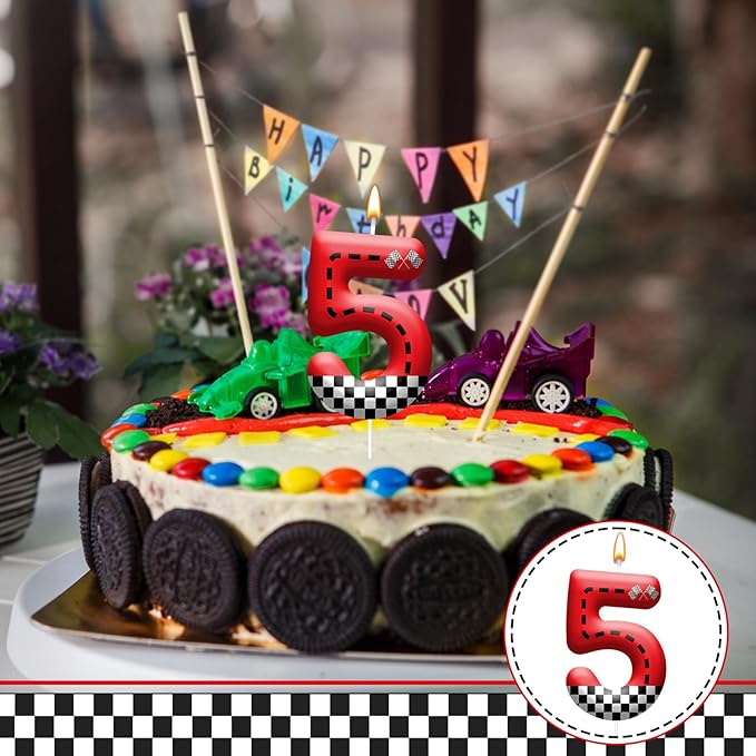 Racing Car Theme Birthday Candle with Checkered Flag Design - Durable Cake Topper for Race Car Party Decorations,Birthday Supplies - Number 5 Candle for Racing Themed Celebrations