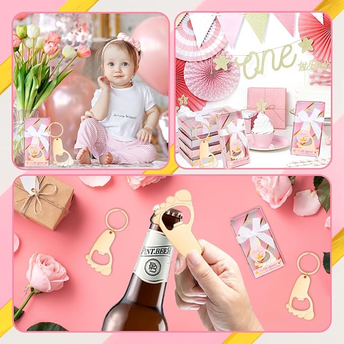 50Pcs Baby Girl Foot Keychain Footprint Bottle Openers Small Foot Bottle Opener Keychain Souvenir for Guests Baby Shower Return Gift for Party Favors with Pink Boxes Gifts or Decorations