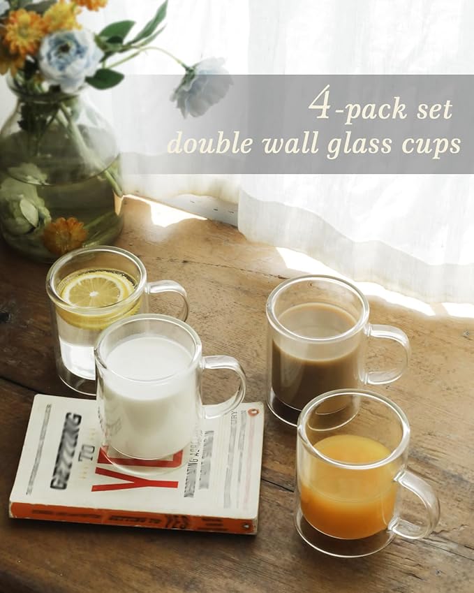LIBWYS 12oz Double Wall Coffee Mugs (4-Pack) - Insulated Borosilicate Glass Cups with Handle for Espresso, Cappuccino, Latte - Heat Resistant, Dishwasher Safe Hot/Cold Beverage Glasses 350ml