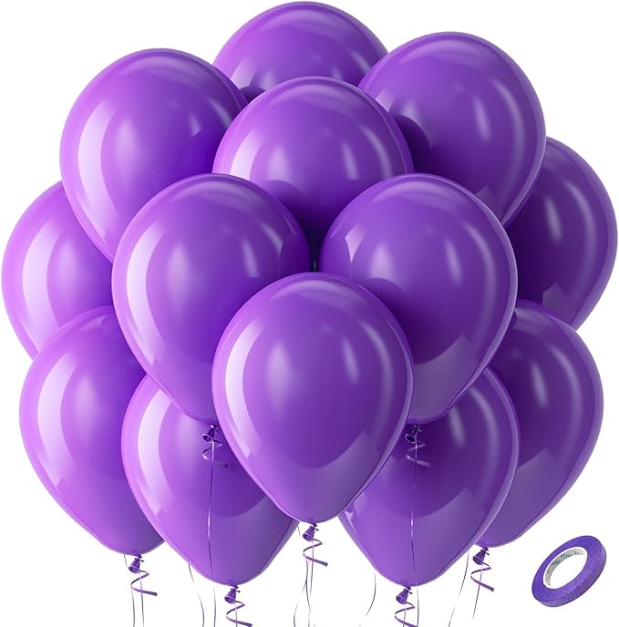Bezente Purple Balloons Latex Party Balloons - 100 Pack 12 inch Round Helium Purple Balloons for Wedding Graduation Halloween Birthday Party Decorations