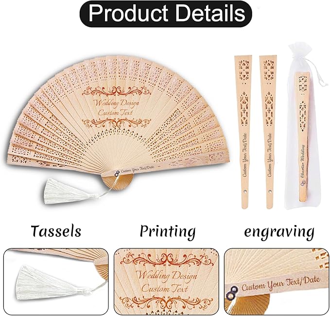 Personalized Wedding Fans for Guests Custom Wooden Folding Handheld Fans Bulk with Organza Bags Tassels for Wedding Graduation Party (100)