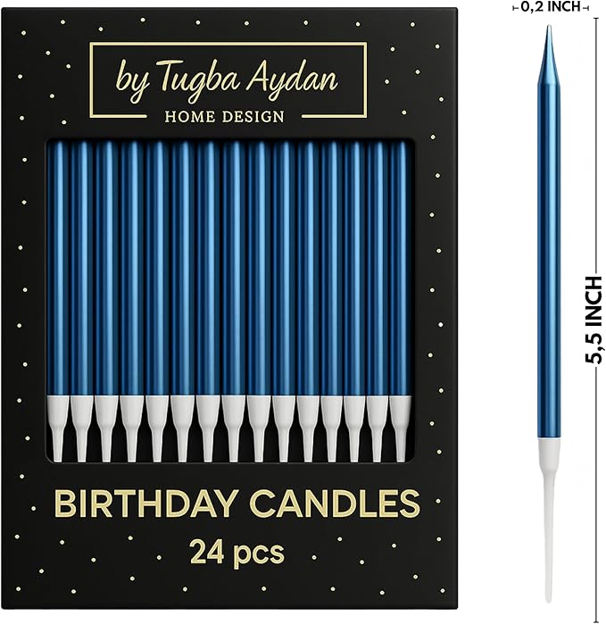 by Tugba Aydan - Blue Birthday Candles - 24 Count Long Thin Blue Birthday Candles, Metallic Cake Candle for Birthday, Party Candles