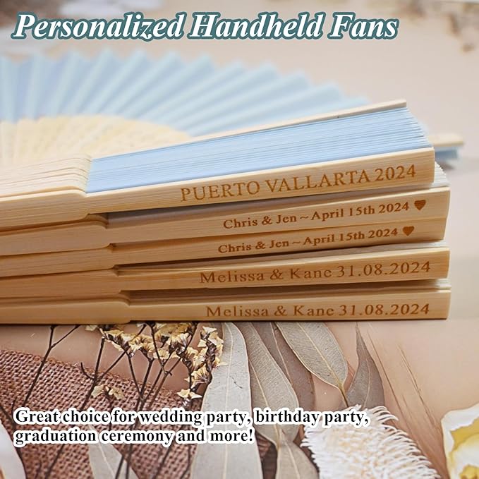 Personalized Engraved Silk Fans Folding Hand Fans 40 Pcs, Light Blue Summer Wedding Fans, Custom Imitated Silk-Bamboo Fans for Guests Wedding Party Favor Bridal Shower Gifts Party Decoration