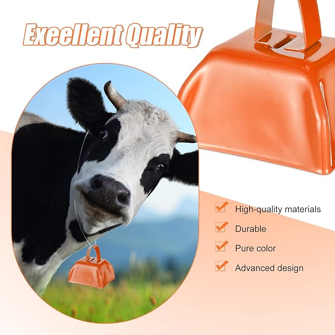 Yeshone 24 Pcs Metal Cowbell with Handle Cow Bells Noise Makers for Sporting Events Small Loud Noisemaker Cow Bell for Wedding Cheering Football Games, 3 x 2.8 x 2.5 Inch(Orange)