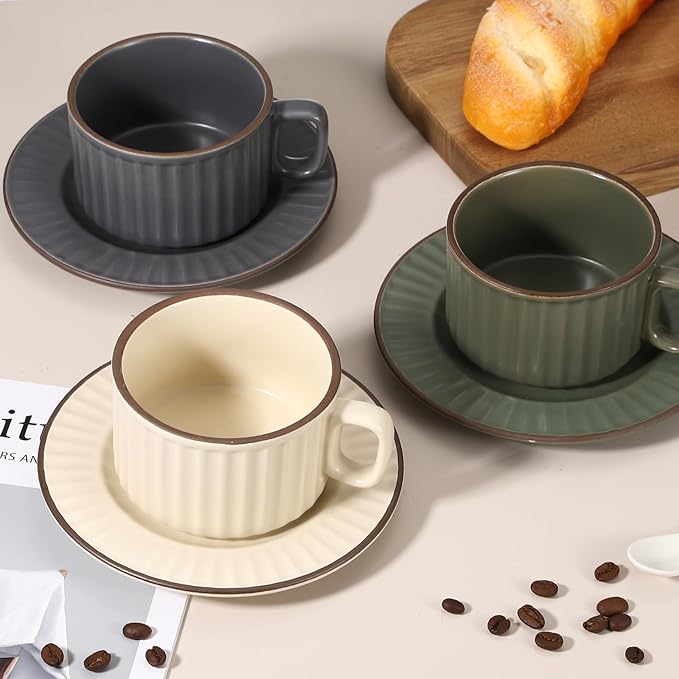 uxcell Handmade Vintage Espresso Cups, 8 oz Coffee Cups and Saucers Ceramic Tea Cup with Handle Dishwasher and Microwave Safe for Latte Cappuccino Milk Office Home Gifts, Green