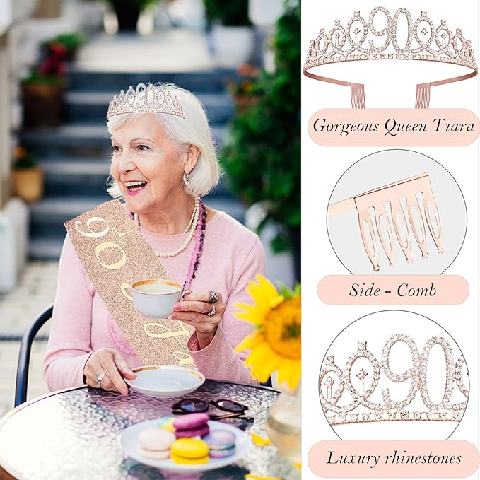 90th Birthday Decorations Gifts for Women, Including 90 year old Birthday Cake Topper, Queen Sash with Pearl Pin, Sweet Rhinestone Tiara Crown, Number Candles and Balloons Set, Rose Gold