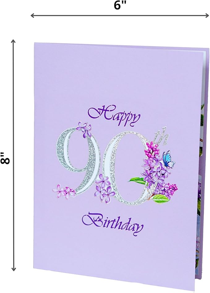Lilac Happy 90th Birthday Cards, 3D Birthday Cards for Women, 6x8in Ideal Pop Up Gifts for Mom, Wife, Him, Her, Daughter, Sister, Grandma (PQ Lilac 90th)