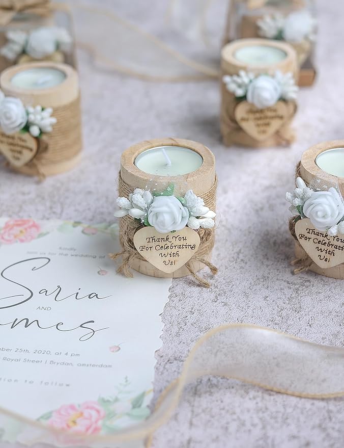 10 Piece Set of Wooden Tealight Candle Holders, Wedding Party Guest Favors, Thank You Favors, Return Gifts, Bridal Shower, Bithday Party , Housewarming Gifts for Guests. (Light Brown)