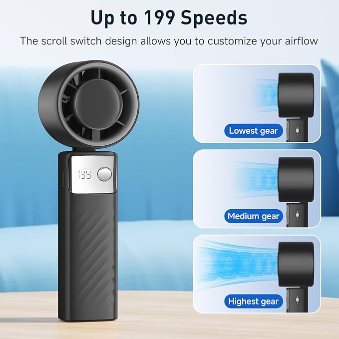 Portable Handheld Turbo Fan - Foldable Mini Fan with Air Turbo Tech, 1-199 Speed Adjustment, 20H Runtime, LED Display, Battery-Powered for Indoor/Outdoor Use, Dark Black