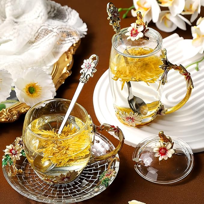 Glass Coffee Mug Christmas Gift Sunflower Daisy Tea Cup with Lid Saucer Mother's Day Birthday Gift for Women Unique(12oz Daisy)