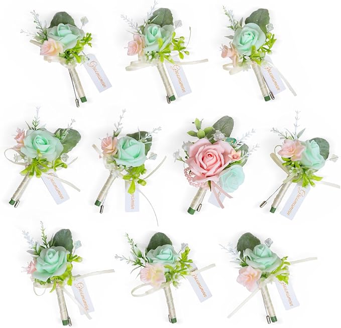 TINGE TIME Boutonniere for Men Wedding,Groom and Best Man Boutonniere for Wedding Ceremony Anniversary, Formal Dinner Party and Rustic Spring Wedding Marriage (10, MintGreen&Pink)