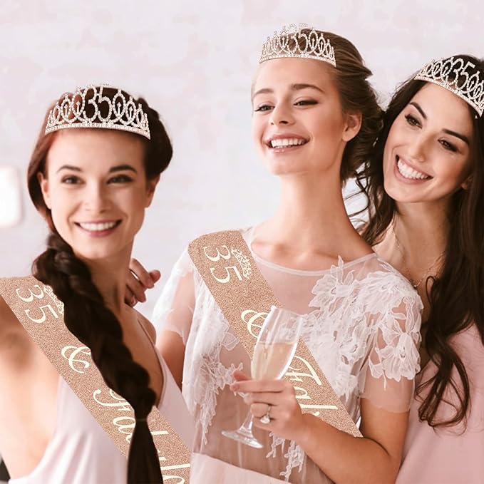 35th Birthday Decorations for Women Including Sash, Tiara/Crown, Numeral Candles and Cake Topper, Rose Gold 35th Birthday Gifts for Women, Rose Gold Party Decor Supplies