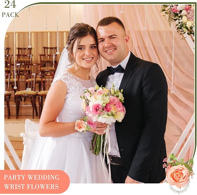 Jexine 12 Pcs Rose Wrist Corsage Bracelets Wedding Bridal Wrist Artificial Flower Wristband Flower Hand Decor for Bride Bridesmaid Homecoming Prom Party Decor(Pink Elegant)