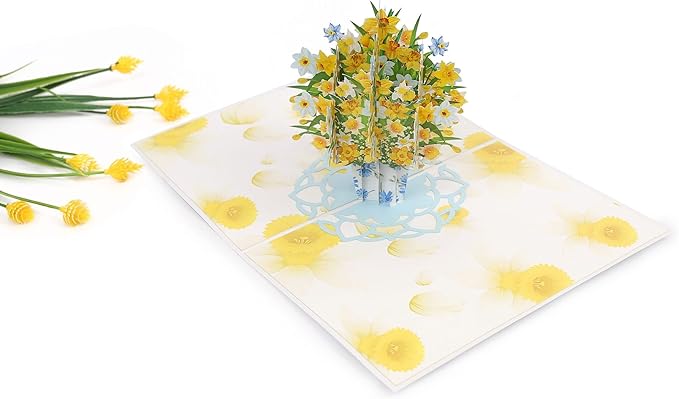 ETA 3D Pop Up Greeting Card – Yellow & White Daffodil Flower Bouquet in Vase, Handmade Paper Art, Birthday, Mother’s Day, Anniversary, Get Well & Thank You Card with Envelope, F27