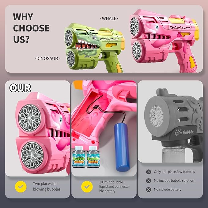 Jasny Rechargeable Pink Dolphin Bubble Guns for Kids, LED Light Up Bubble Machine Blower with 2 Bottles Bubble Refill Solution for Kids, Bubble Makers Blaster for Toddlers, Summer Wedding Toys Gift