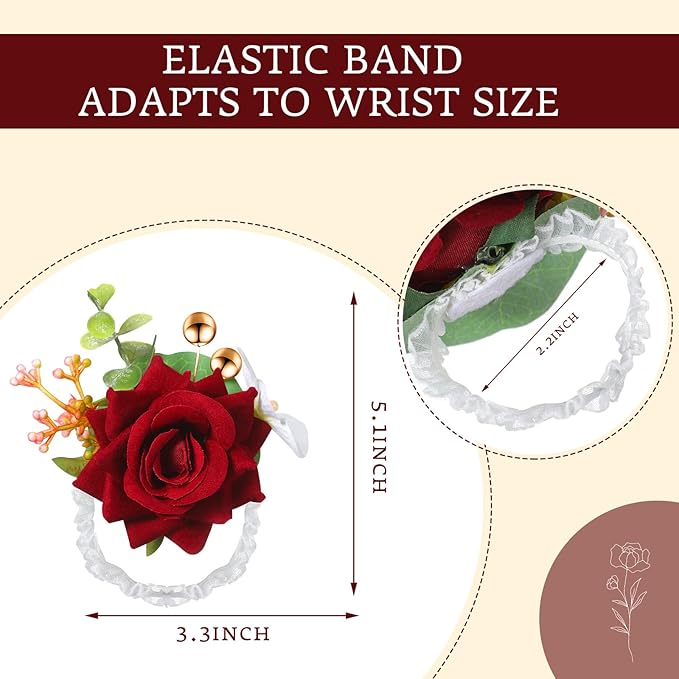 Sherr Set of 12 Rose Wrist Corsages for Wedding Corsage Flower Wristlet Floral Wedding Wrist Bridal Rose Leaf Hand Flowers for Bride Bridesmaid Prom Engagement Festival(Wine Red)