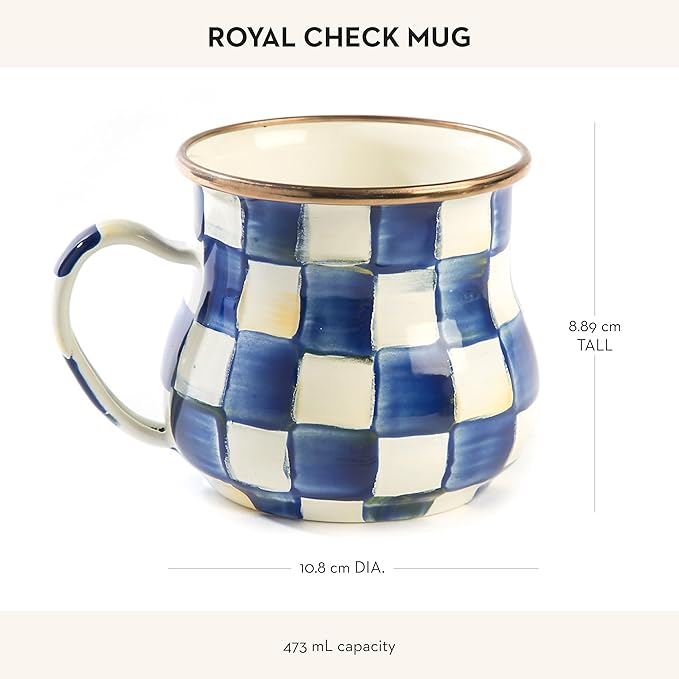 MACKENZIE-CHILDS Enamel Mug, Cute Enamelware Coffee and Tea Mug, Unique Drinkware, 16 Ounces, Blue-and-White Royal Check, Set of 1