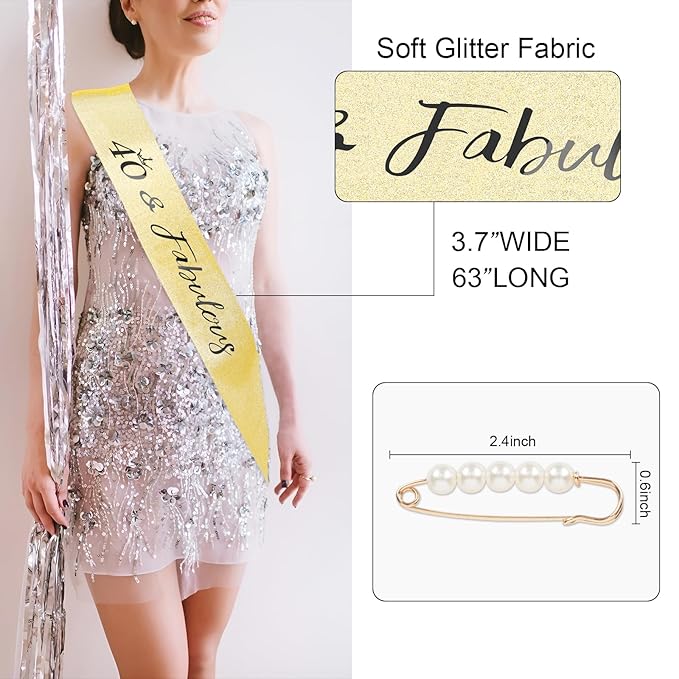 CIEHER 40th Birthday Crown + 40 & Fabulous Birthday Sash + Pearl Pin Set, Gold 40th Birthday Tiara, 40th Birthday Gifts Women Friends, 40th Birthday Decorations for Women