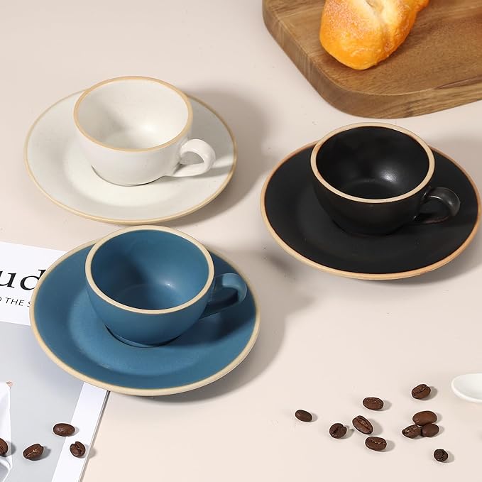 uxcell Handmade Vintage Espresso Cups, 9.5 oz Coffee Cups and Saucers Ceramic Tea Cup with Handle Dishwasher and Microwave Safe for Latte Cappuccino Milk Office Home Gifts, Morandi White